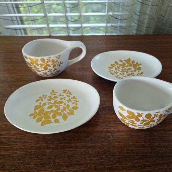 Set of 2 Teavana Gold Winter Leaf Porcelain Cups Saucers 5" - Picture 6 of 14